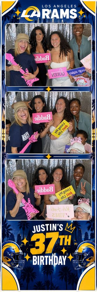 Photo strip: a group of friends with Baddie and Living My Best Life signs