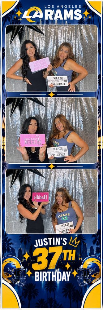 Photo strip: two friends with Main Character Energy and Dancing Queen signs
